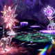 A Houndoom, Clodsire, Weavile, and Arboliva are seen fighting Iron Leaves in a tera raid den.